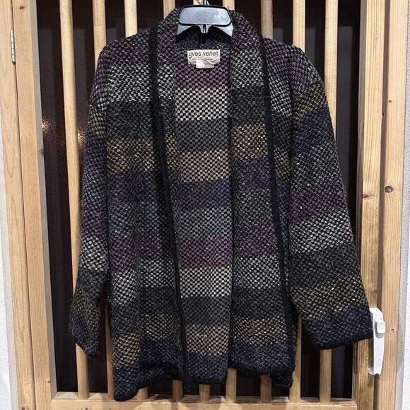 Vintage Yves Venet Cardigan One Size Black Pink Orange Striped Open Front - Picture 1 of 6